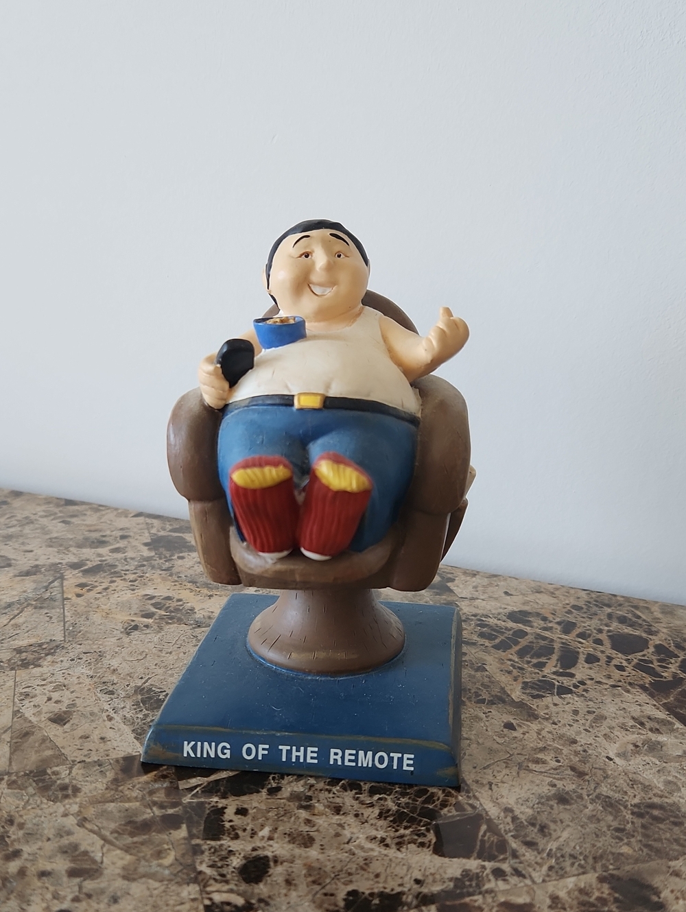 Bubble head. King of the Remote Decorative Resin Sculpture - Blue, Brown and Red